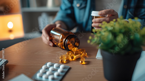 Close up of hand a person taking medication for stress and anxiety. Patients with this disease must take large amounts of medicine every day.