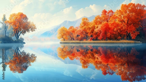 Nature's canvas: a serene autumn landscape with a placid lake reflecting the fiery hues of the trees under a cloudless sky