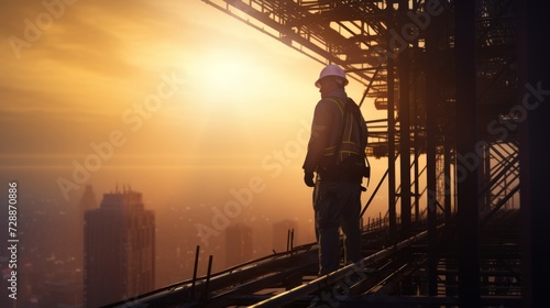 Builder at sunset. Silhouette of male architect. Neural network AI generated art