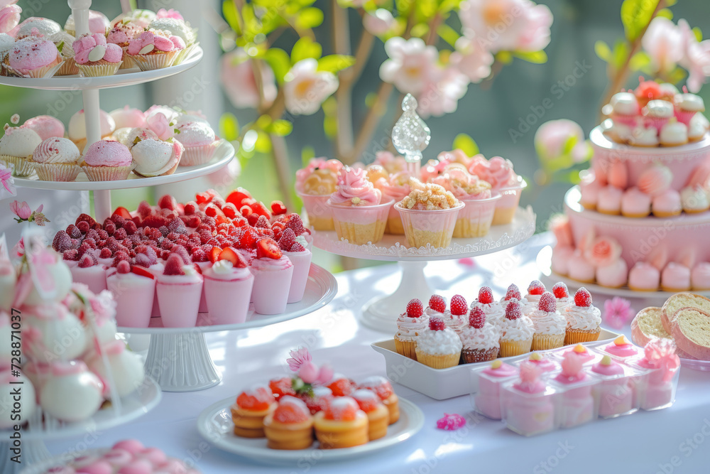 Dessert table with various sorts of snacks. Candy bar. Celebration concept. Generative AI Dessert table with various sorts of snacks. Candy bar. Celebration concept. Generative AI
