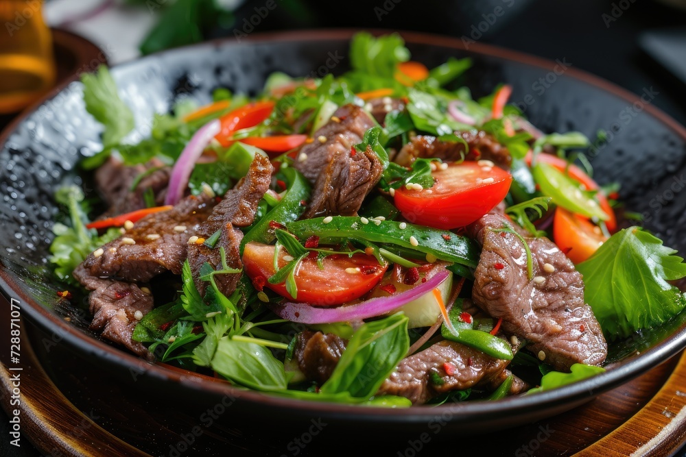 Thai grilled beef salad with a healthy menu of green vegetables tomato pepper garlic and spices for lunch or dinner