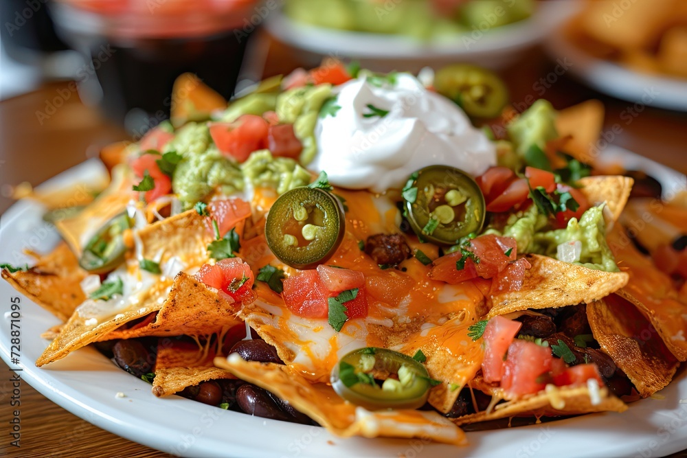 Tex Mex or Mexican restaurant classic crispy tortilla chips with melted cheese salsa beans jalapenos guacamole sour cream and lettuce Tex Mex or Mexican restaurant classic crispy tortilla chips with melted cheese salsa beans jalapenos guacamole sour cream and lettuce