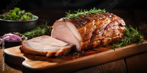 Pork loin on a wooden table. Copy space.