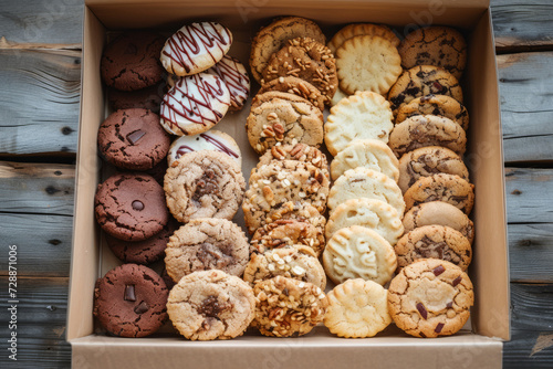 Box of assorted healthy cookies freshly baked and packed to go. Generative AI