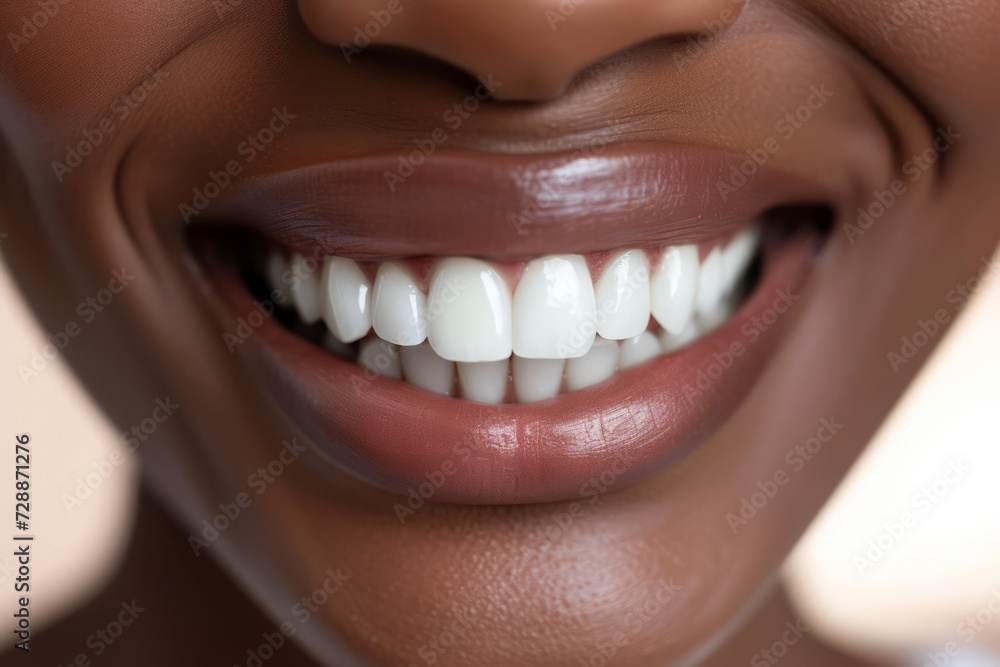 African woman face with wide grin perfect clean teeth. Healthy smile. Generative AI African woman face with wide grin perfect clean teeth. Healthy smile. Generative AI
