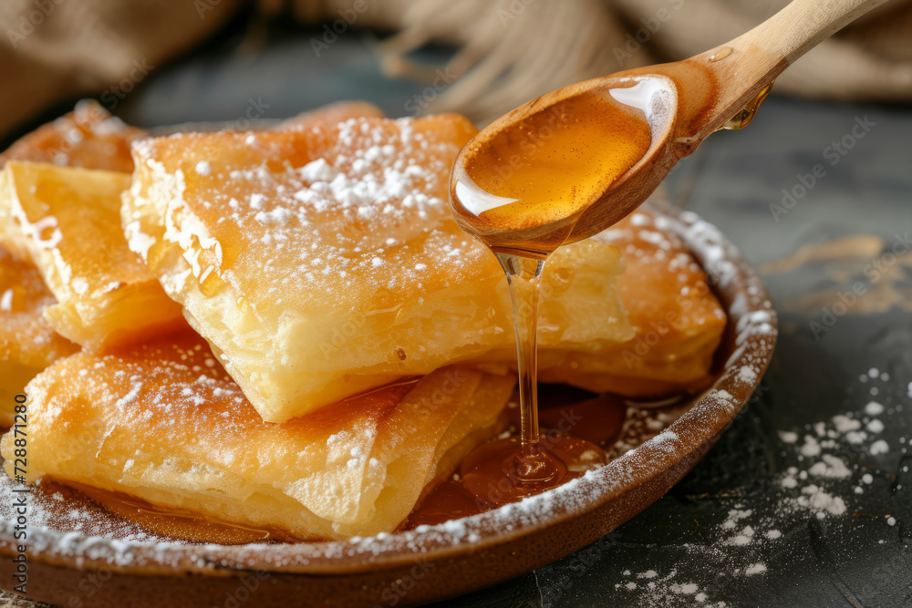 Homemade deep fried sopapillas with honey. Generative AI Homemade deep fried sopapillas with honey. Generative AI