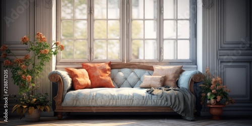 Cozy couch by window in stylish room