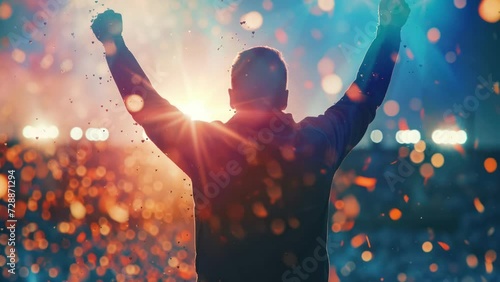 Winning concept motion video, highlighting a person raising their hand, a victory symbol, and a simple sparkle effect. photo