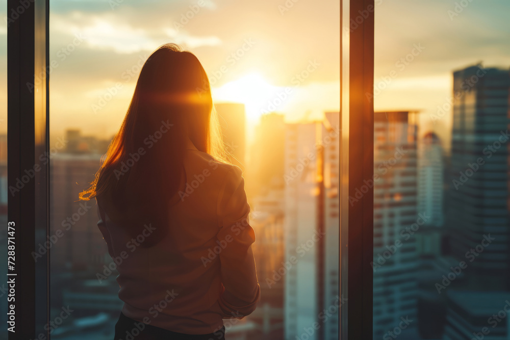 Back view of a a young businesswoman looks at a cityscape from an office window. Generative AI Back view of a a young businesswoman looks at a cityscape from an office window. Generative AI
