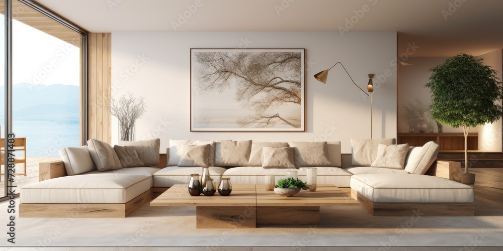 Elegant living area with large beige sectional and wooden accents.