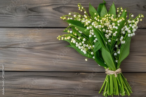 Top view of a lily of the valley bouquet on wooden background text space available