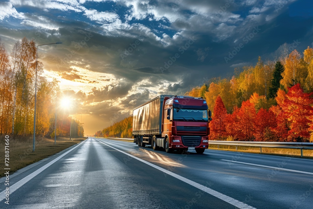Trucks on the road heading towards the autumn horizon with sunlight peeking through cloudy sky