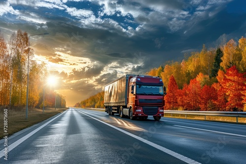 Trucks on the road heading towards the autumn horizon with sunlight peeking through cloudy sky
