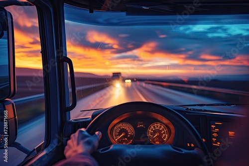 Truck s dashboard with driver s hand on steering wheel and side rear view mirror on countryside road against night sky with sunset photo