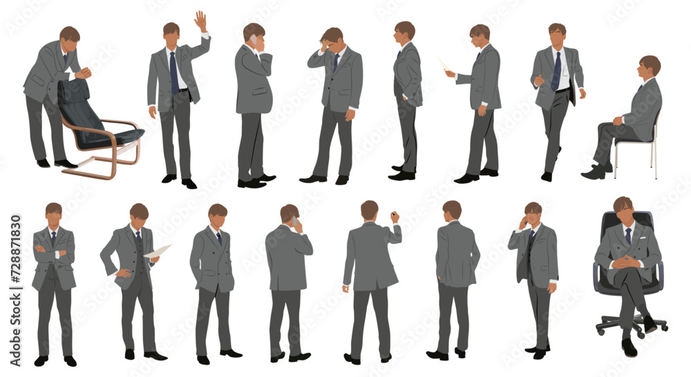 Businessman character in different poses. Handsome business man in formal suit standing, walking, sitting, with phone, front, back, side view. Vector realistic illustration set, transparent background