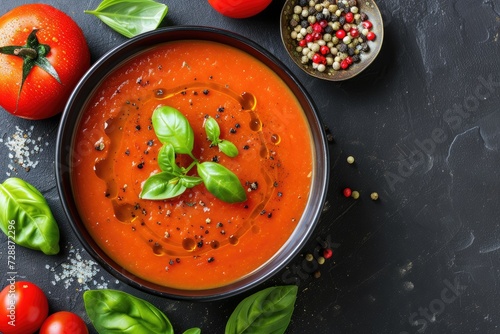 Top view of tomato soup with basil in a bowl on a dark background providing copy space