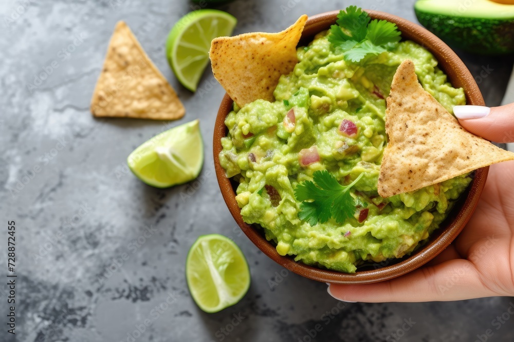 Woman s hand picking guacamole dip from a bowl with pita chip overhead view Woman s hand picking guacamole dip from a bowl with pita chip overhead view