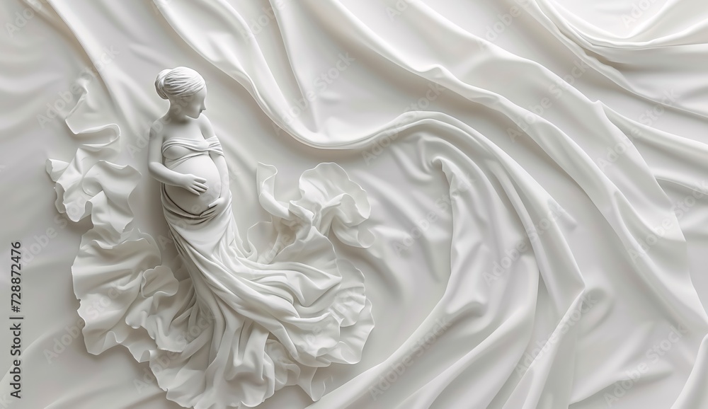 A delicate ivory statue of a pregnant woman draped in flowing fabric evokes the beauty and vulnerability of motherhood through the medium of art - obrazy, fototapety, plakaty 