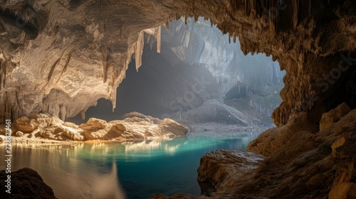 majestic cave with a small lake in the background and a ray of sun entering from above