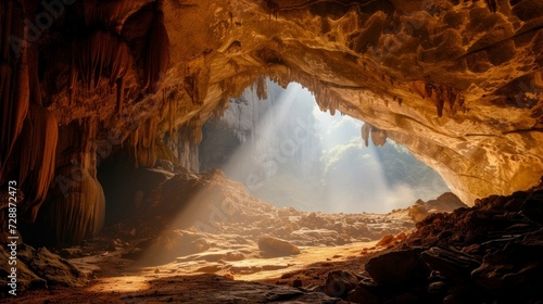 majestic cave with a ray of sun entering photo