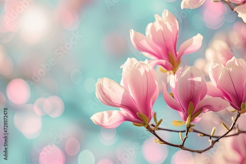 Wide composition of spring magnolia blooming against pastel blue sky and pink background