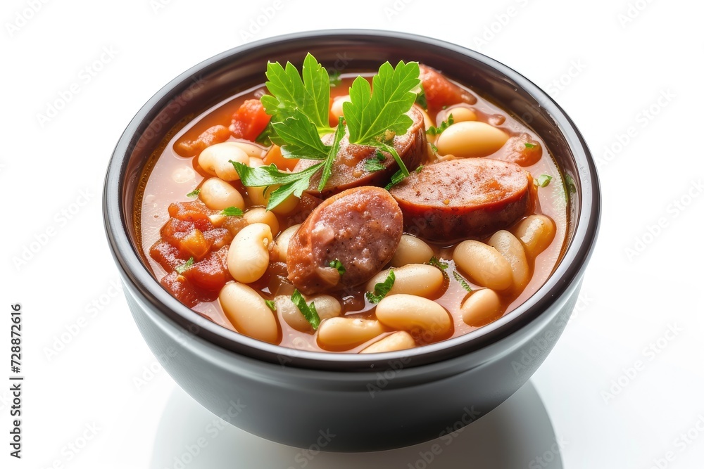 White beans and smoked sausage with tomato sauce cooked together forming bean soup Picture taken on a white background White beans and smoked sausage with tomato sauce cooked together forming bean soup Picture taken on a white background