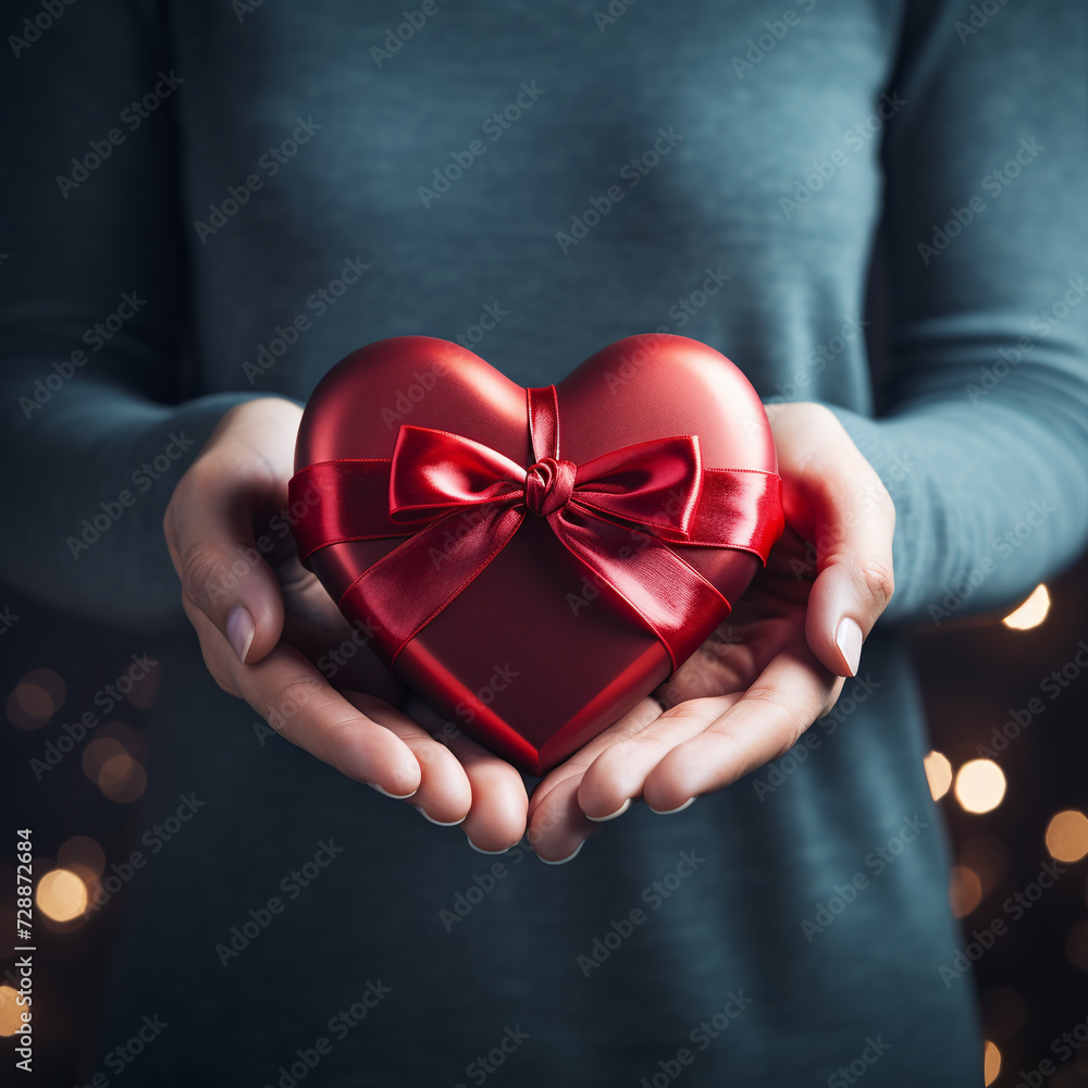 female hands hold a small heart-shaped gift box female hands hold a small heart-shaped gift box