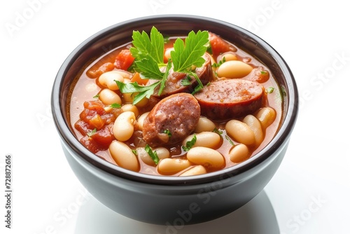 White beans and smoked sausage with tomato sauce cooked together forming bean soup Picture taken on a white background