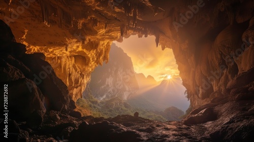 majestic cave with a ray of sun entering from above with good lighting photo