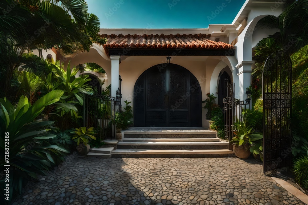 The entrance of a coastal villa with a wrought-iron entry gate, stone flooring, and lush tropical plants