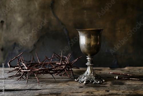 Chalice and crown of thorns of Jesus Christ on a wooden table. AI generative.