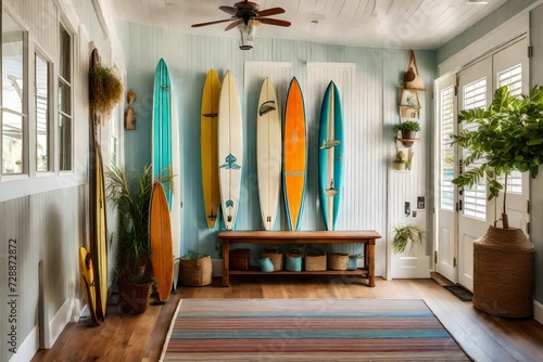 A beach cottage foyer with a whimsical surfboard rack, beadboard paneling, and a vintage beach cruiser as decor