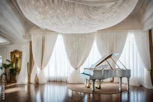 The foyer of a seaside mansion featuring oversized clamshell sculptures, a white grand piano, and cascading sheer curtains