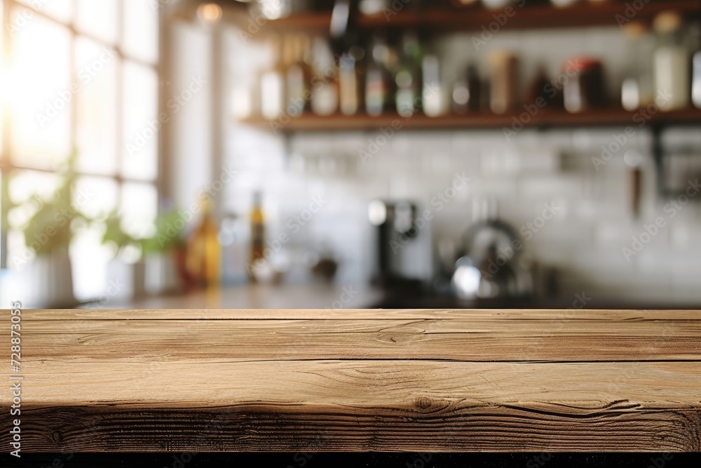 Wooden tabletop with free space for product display against white kitchen with cutting board and plant in scandinavian style in morning light Wooden tabletop with free space for product display against white kitchen with cutting board and plant in scandinavian style in morning light