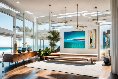 A modern beach house foyer with a suspended surfboard rack, abstract coastal artwork, and a minimalist bench