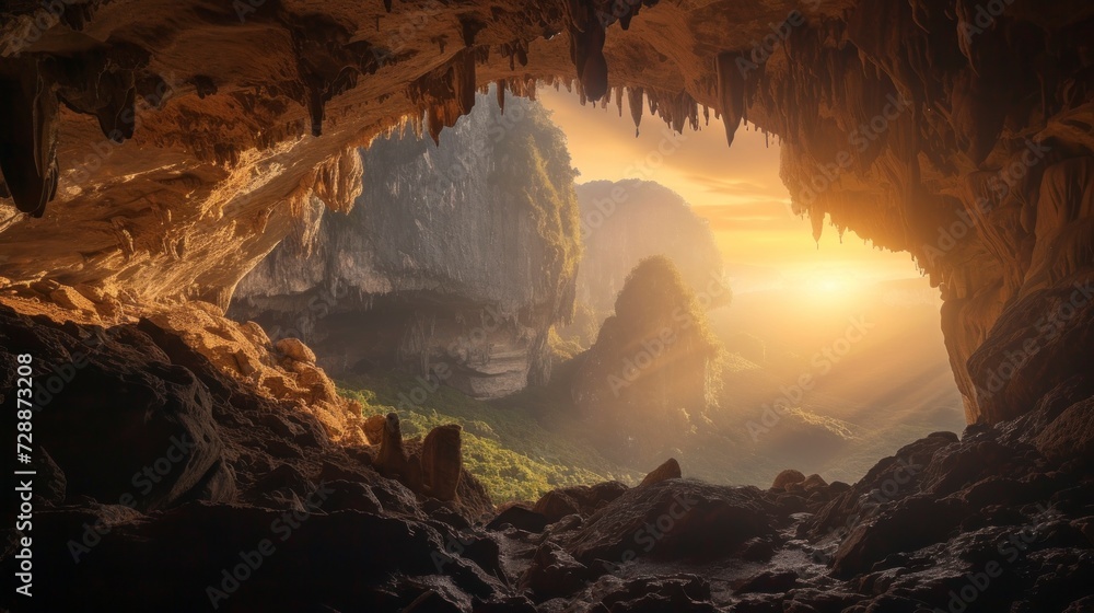 majestic cave with a ray of sun entering from above with good lighting 4K