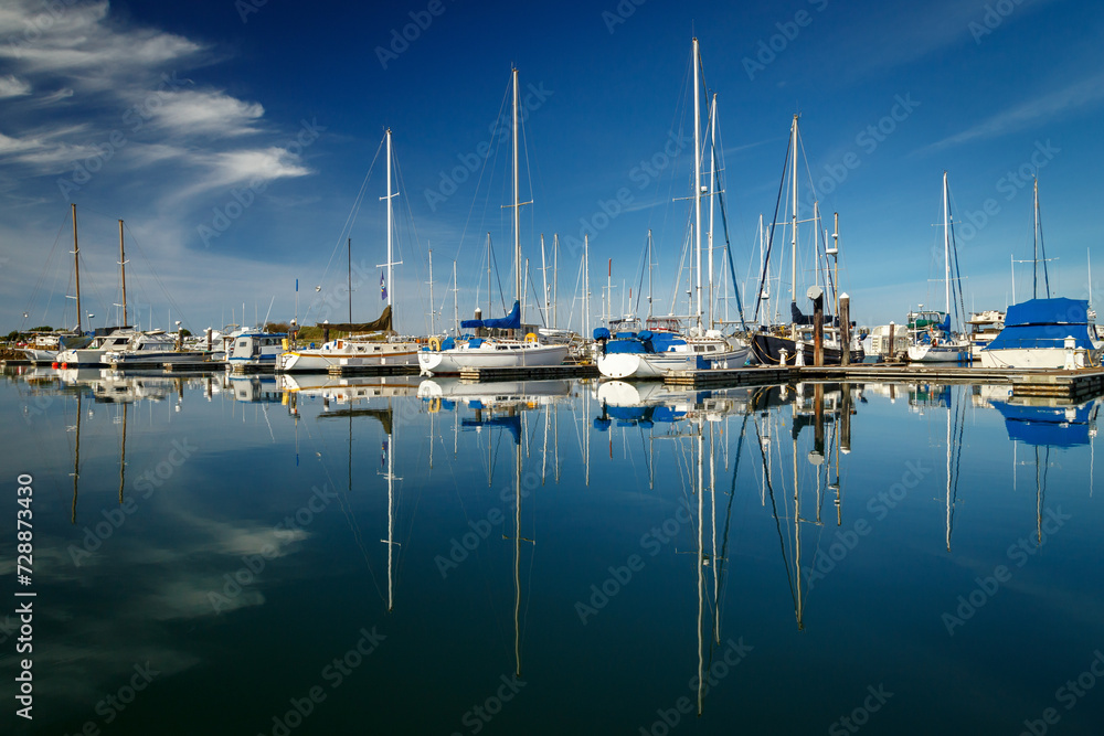 Calm Masts with sailboats docked in a harbor on calm water with blue sky