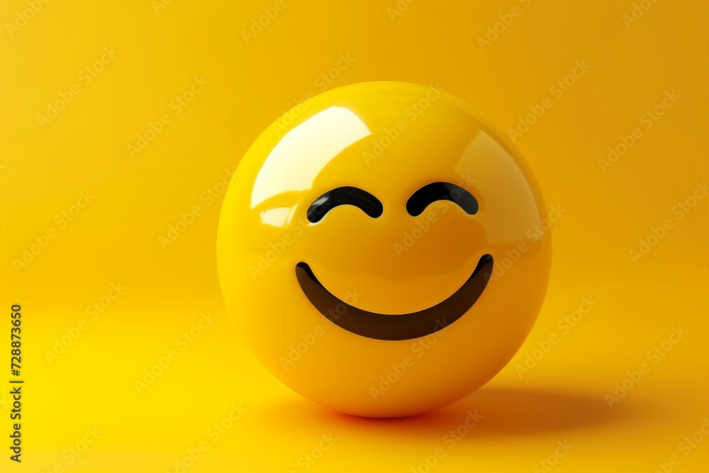 Fototapeta premium Yellow smiley faces happiness joy, cheerful emotion symbols. 3D cartoon icons, express cheerful sentiments. Round fun smiling expressions. Face illustrations happiness positivity, cheerful atmosphere.