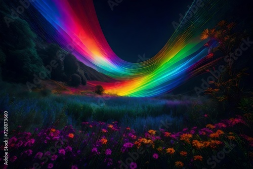 Illuminate a spectral dreamscape where iridescent flora and fauna dance in the radiant glow of a digital rainbow