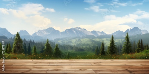 Nature backdrop with a wooden counter and table. Cloudy sky, seasonal landscape with plants, trees, and mountains. Bright day with space for text.