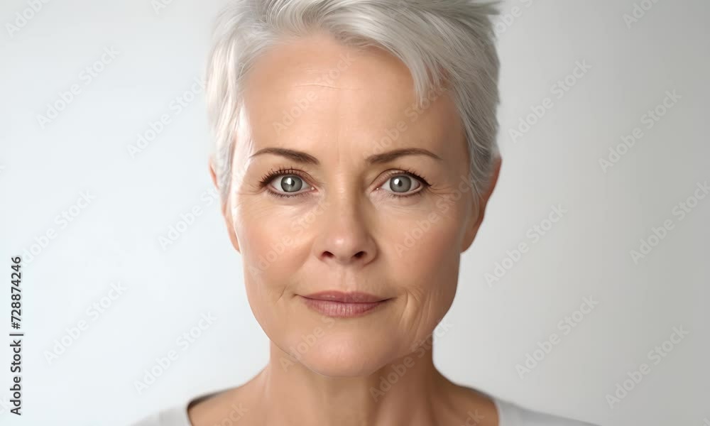 A portrait of a mature woman with short silver hair and a gentle expression on a plain background.