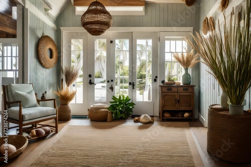 The welcoming foyer of a coastal cottage adorned with seagrass rugs, driftwood furniture, and a collection of seashells