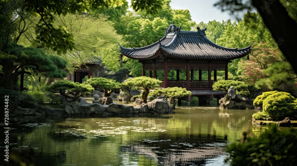 Fototapeta premium Pond in Japanese Garden With Pagoda in Background