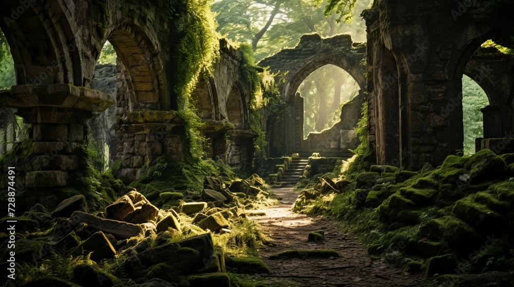 A Path Through a Forest With Mossy Rocks A Path Through a Forest With Mossy Rocks