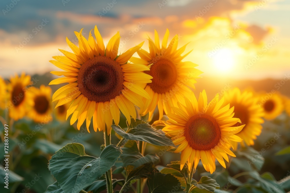 Field of sunflowers, blooming sunflower on a bright sunny summer day, botany, ecology, farming