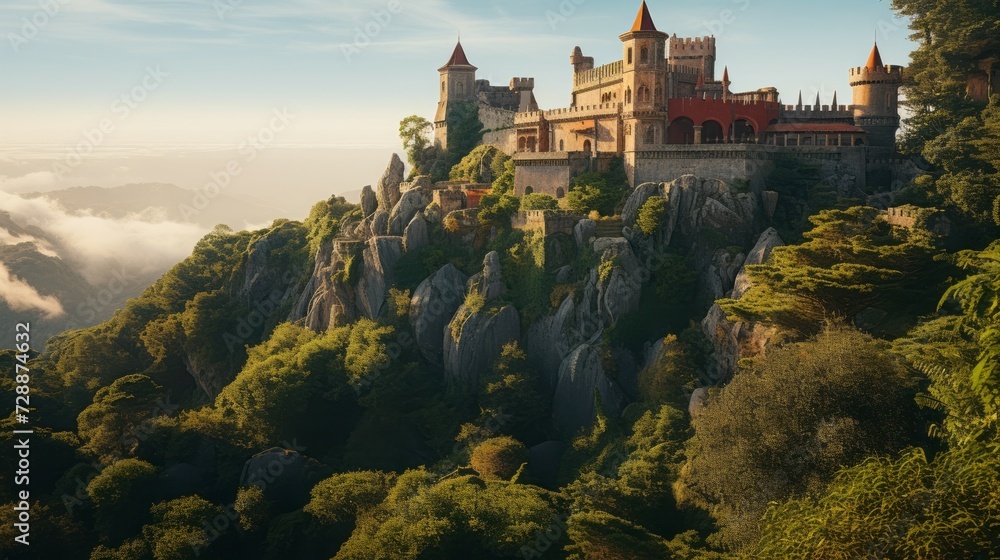 Majestic Castle Overlooking Mountain Peaks and Forest Canopy