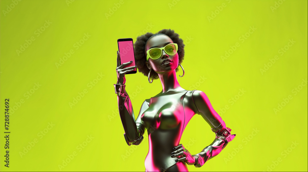 full body shot of a futuristic influencer using a cell phone, she is half robot and wears futuristic neon fashion clothes, afrofuturism full body shot of a futuristic influencer using a cell phone, she is half robot and wears futuristic neon fashion clothes, afrofuturism
