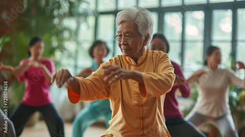 Elderly individuals engage in a Tai Chi session, promoting wellness and harmony in a sunlit, plant-filled space