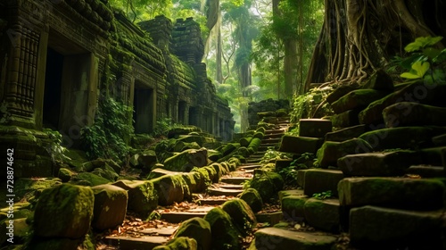 A Path Through a Jungle With Moss-Covered Rocks