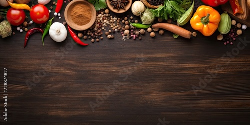 Top view of wooden table with various vegetables, spices, and space for healthy food preparation.